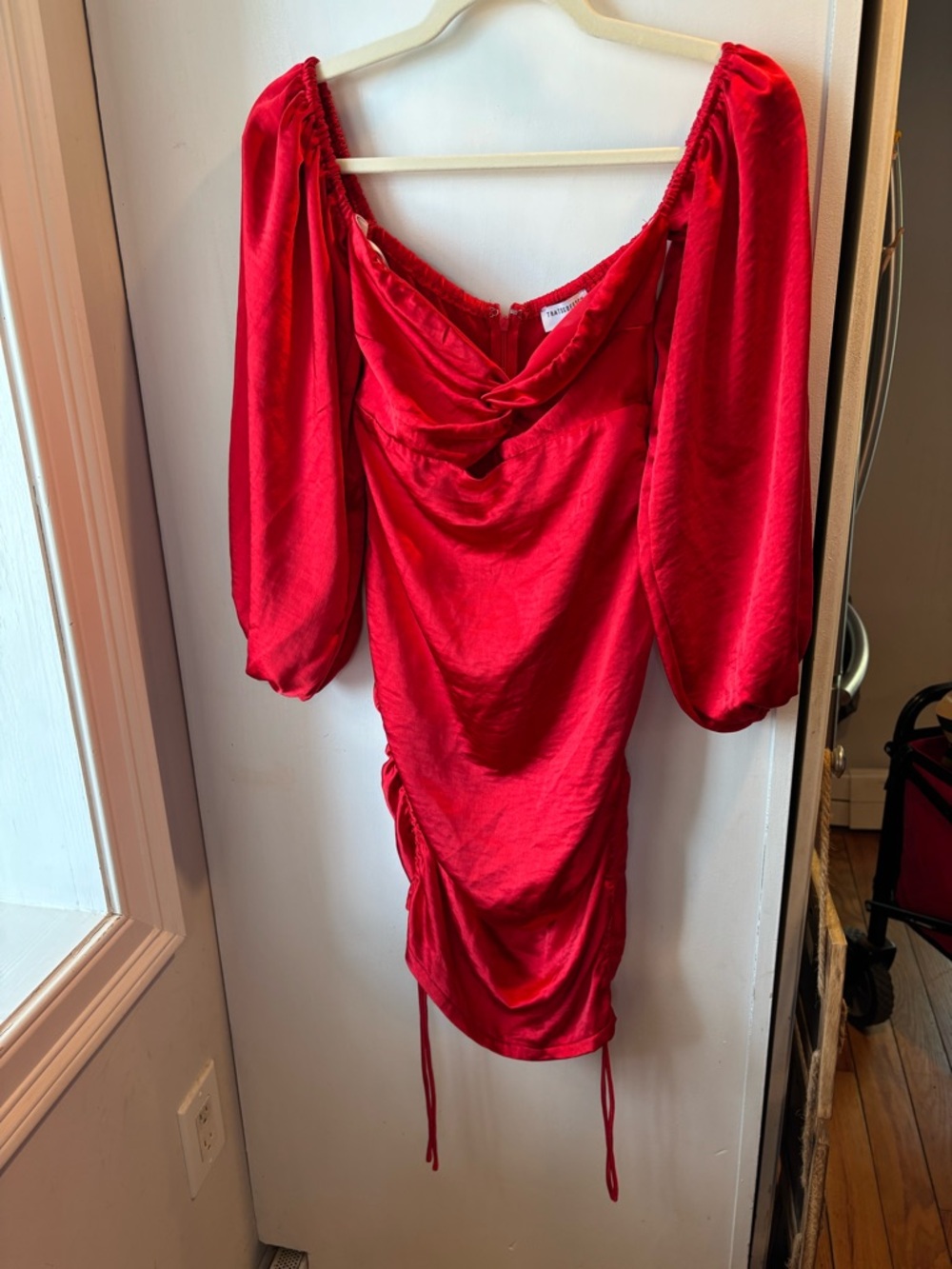 Red Satin Mini Dress with Puff Sleeves